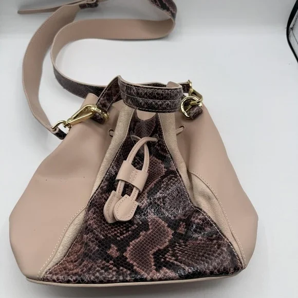 Alessandro Mari Bucket Bag Womens Pink Brown Snakeskin Leather Made Italy Purse - Picture 1 of 11